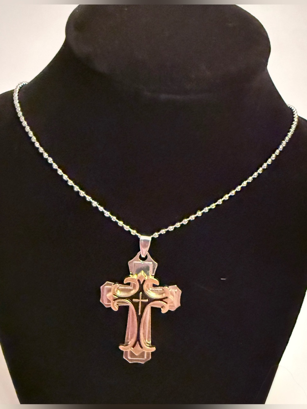 Silver-Tone Cross Pendant Necklace - Black, Gold Accents on Beaded Chain- NWOT